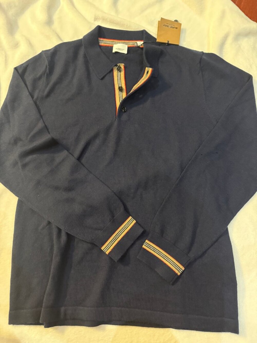 Burberry Men's Navy Icon Stripe Wool Long Sleeve Polo Shirt L NWT